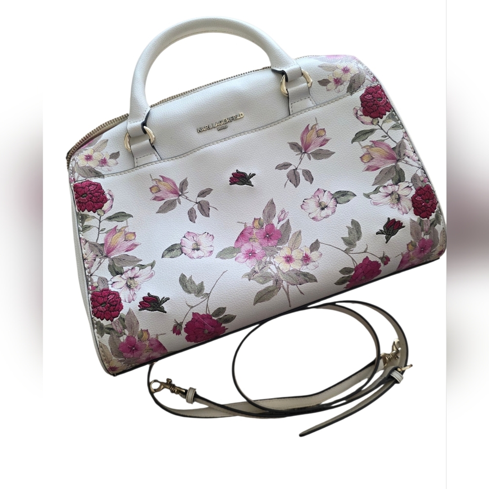 Karl Lagerfeld Paris Large Floral Leather Satchel – Top Handle + Crossbody Strap